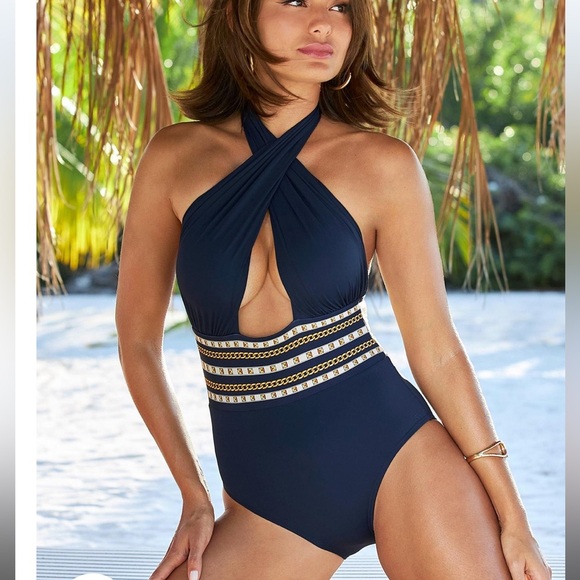 MICHAEL KORS Chain Border Halter One Piece - Picture 1 of 11